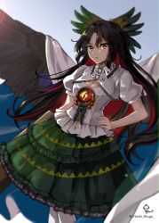 Rule 34 | 1girl, absurdres, arm cannon, bird wings, black hair, black wings, bow, breasts, cape, center frills, cleavage, cleavage cutout, clothing cutout, corset, frilled corset, frilled skirt, frills, green bow, green skirt, hair bow, highres, hoshiringo0902, lips, long hair, medium breasts, multicolored hair, puffy short sleeves, puffy sleeves, red hair, reiuji utsuho, short sleeves, shrug (clothing), simple background, skirt, solo, starry sky print, streaked hair, thighhighs, third eye, touhou, weapon, white background, white cape, white corset, white thighhighs, wings, yellow eyes