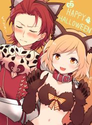 Rule 34 | 10s, 1boy, 1girl, alternate costume, animal ears, bad id, bad pixiv id, bare shoulders, blonde hair, blush, breasts, brown eyes, cat ears, cat tail, cleavage, closed eyes, collar, commentary request, djeeta (granblue fantasy), embarrassed, english text, fake animal ears, gloves, granblue fantasy, hairband, halloween, halloween costume, happy halloween, highres, looking at viewer, maaru (asato maaru), percival (granblue fantasy), red eyes, red hair, short hair, smile, tail