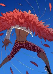Rule 34 | 1boy, ass, back, back focus, blue sky, coat, dark-skinned male, dark skin, donquixote doflamingo, facing away, feathers, flying, from behind, fur coat, large hands, leg hair, male focus, medium hair, mg cls, muscular, muscular male, one piece, open clothes, open shirt, pink feathers, purple-tinted eyewear, shoes, shorts, sky, solo, thread, tinted eyewear, white-framed eyewear