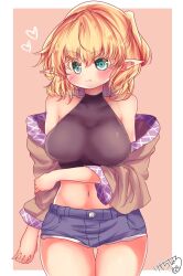 Rule 34 | 1girl, arm under breasts, black sports bra, blonde hair, blue shorts, blush, breasts, brown background, brown shirt, buttons, closed mouth, commentary request, cowboy shot, frown, green eyes, hair between eyes, half updo, highres, kemo chiharu, looking at viewer, medium bangs, medium breasts, medium hair, midriff, mizuhashi parsee, navel, off shoulder, pointy ears, shirt, short ponytail, short shorts, shorts, solo, sports bra, touhou, two-tone background, v-shaped eyebrows