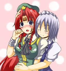 Rule 34 | 2girls, :o, arms at sides, ascot, bandages, bandaid, blue dress, blue eyes, blush, blush stickers, braid, breasts, bruise, cuts, dress, eyebrows, closed eyes, hand on another&#039;s head, hat, hong meiling, hug, hug from behind, injury, izayoi sakuya, large breasts, long hair, looking at another, maid, maid headdress, multiple girls, puffy short sleeves, puffy sleeves, red hair, short hair, short sleeves, silver hair, smile, star (symbol), tears, teikoku gensui, touhou, twin braids