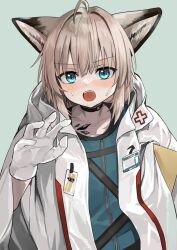 Rule 34 | 1girl, animal ears, arknights, black choker, blue eyes, choker, coat, fox ears, fox girl, gloves, highres, id card, light brown hair, looking at viewer, material growth, open clothes, open coat, open mouth, oripathy lesion (arknights), short hair, sussurro (arknights), sweat, v-shaped eyebrows, waichi, white coat, white gloves