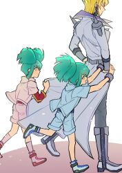 Rule 34 | 1girl, 2boys, absurdres, blonde hair, blue footwear, blue jacket, blue shorts, boots, brother and sister, grabbing another&#039;s arm, green hair, grey pants, hands on own hips, highres, jack atlas, jacket, long sleeves, lua (yu-gi-oh!), luca (yu-gi-oh!), multiple boys, pants, pink footwear, pink jacket, pink shorts, ponytail, shirt, short sleeves, shorts, siblings, smile, twins, twintails, white background, white footwear, white jacket, youko-shima, yu-gi-oh!, yu-gi-oh! 5d&#039;s