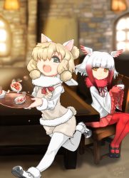 Rule 34 | 2girls, ajino (sakanahen), alpaca ears, alpaca suri (kemono friends), alpaca tail, animal ears, artist name, bird wings, blonde hair, blouse, blunt bangs, blurry, blurry background, bodystocking, breast pocket, chair, closed mouth, cup, dated, day, drink, frilled sleeves, frills, fur-trimmed footwear, fur-trimmed sleeves, fur collar, fur scarf, fur trim, gloves, green eyes, hair bun, hair over one eye, hands up, head wings, holding, holding cup, holding tray, horizontal pupils, indoors, japanese crested ibis (kemono friends), kemono friends, legs together, long hair, long sleeves, looking at another, mary janes, medium hair, multicolored hair, multiple girls, neck ribbon, open mouth, orange eyes, pantyhose, pleated skirt, pocket, red gloves, red hair, red legwear, red neckwear, ribbon, running, scarf, shirt, shoes, shorts, single hair bun, sitting, skirt, smile, spilling, steam, sweater vest, table, tail, teeth, tray, upper teeth only, white hair, white scarf, white shirt, wide sleeves, window, wings