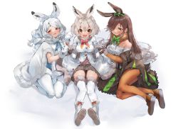 Rule 34 | 3girls, animal ears, arctic hare (kemono friends), blue necktie, blush, boots, bow, bowtie, brown footwear, brown hair, brown legwear, brown skirt, capelet, center frills, coat, commentary request, elbow gloves, european hare (kemono friends), frills, fur trim, gloves, green bow, hair bow, hair over one eye, hakoneko (marisa19899200), highres, kemono friends, long hair, long sleeves, looking at viewer, mittens, mountain hare (kemono friends), multicolored hair, multiple girls, necktie, off-shoulder shirt, off shoulder, orange eyes, pantyhose, pleated skirt, rabbit ears, rabbit girl, rabbit tail, red bow, red bowtie, seiza, shirt, short hair, shorts, sitting, skirt, tail, thighhighs, white capelet, white coat, white footwear, white fur, white gloves, white hair, white legwear, white shirt, white shorts, zettai ryouiki