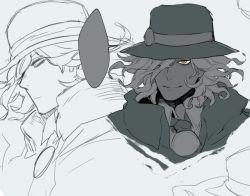 Rule 34 | 1boy, blank speech bubble, edmond dantes (fate), fate/grand order, fate (series), fedora, greyscale, hair over one eye, hat, male focus, monochrome, multiple views, norasame (dagako), short hair, sketch, slit pupils, smile, speech bubble, spot color, wavy hair, yellow eyes