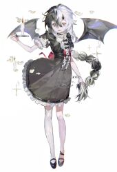 Rule 34 | 1girl, absurdres, back bow, baifeidaiwang, black bow, black choker, black dress, black eyes, black footwear, black hair, black horns, black wings, bow, braid, braided ponytail, candle, child, choker, chromatic aberration, crossed bangs, demon girl, demon wings, dress, english text, female focus, fire, flat chest, floating, floating object, flower, frilled choker, frilled dress, frilled sleeves, frills, full body, gothic lolita, hair between eyes, hand up, happy, highres, holding, holding candle, horns, lolita fashion, long hair, looking at viewer, multicolored hair, open mouth, original, puffy short sleeves, puffy sleeves, red bow, sample watermark, shoes, short sleeves, sidelocks, simple background, single braid, single thighhigh, skull ornament, smile, solo, sparkle, split-color hair, standing, teeth, thighhighs, very long hair, watermark, white background, white flower, white hair, wings