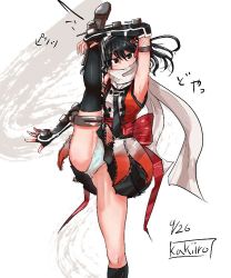 Rule 34 | 1girl, artist name, black hair, black neckwear, black skirt, brown eyes, buttons, commentary request, dated, double-breasted, double bun, elbow gloves, feet out of frame, fingerless gloves, gloves, hair bun, high kick, kakiiro (takuya), kantai collection, kicking, panties, pantyshot, scarf, school uniform, sendai (kancolle), sendai kai ni (kancolle), serafuku, single thighhigh, skirt, solo, standing, standing on one leg, thighhighs, two side up, underwear, white panties, white scarf