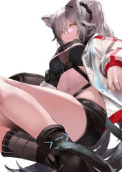 Rule 34 | 1girl, animal ears, arknights, black scarf, black shirt, black shorts, black socks, blazpu, blouse, breasts, cat ears, cat girl, cat tail, cleavage, closed mouth, commentary, crop top, ear piercing, earpiece, expressionless, eyes visible through hair, feet out of frame, female focus, grey hair, hair between eyes, highres, infection monitor (arknights), jacket, large breasts, long hair, looking at viewer, navel, open clothes, open jacket, piercing, ponytail, scarf, schwarz (arknights), scrunchie, see-through, see-through jacket, shirt, short shorts, shorts, simple background, socks, solo, stomach, strap, tail, thighs, white background, white jacket, yellow eyes