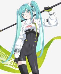 Rule 34 | 1girl, black bodysuit, black gloves, blue eyes, blue hair, blush, bodysuit, covered navel, flag, gloves, goodsmile racing, grey background, hatsune miku, head tilt, highres, holding, holding flag, kurare (kurare art), leaning to the side, looking to the side, racing miku, racing miku (2022), shrug (clothing), single thighhigh, smile, solo, thighhighs, twintails, vocaloid