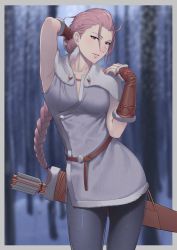 Rule 34 | 1girl, ahoge, arm up, armpits, arrow (projectile), blurry, blurry background, braid, braided ponytail, breasts, brown eyes, brown gloves, coat, cowboy shot, ear piercing, fur-trimmed coat, fur-trimmed gloves, fur trim, gloves, h&#039;aanit (octopath traveler), hair between eyes, highres, leather, leather gloves, light brown hair, lips, long hair, looking at viewer, low-tied long hair, medium breasts, octopath traveler, octopath traveler i, pants, piercing, ponytail, putcher, quiver, sleeveless, solo
