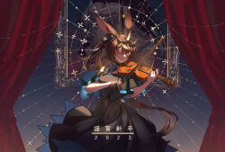 Rule 34 | 1girl, 2023, absurdres, amiya (arknights), animal ears, arknights, black dress, black ribbon, blue ribbon, bow (music), brown hair, closed eyes, colored eyelashes, detached collar, dress, hair between eyes, highres, holding, holding bow (music), holding instrument, holding violin, instrument, long hair, moyun, music, open mouth, picture frame, playing instrument, rabbit ears, red curtains, ribbon, solo, translation request, very long hair, violin