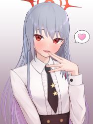 Rule 34 | 1girl, absurdres, black necktie, blue archive, blush, braid, collared shirt, fingers to mouth, frilled shirt, frills, gradient background, grey hair, halo, hand up, haruna (blue archive), heart, highres, long hair, long sleeves, looking at viewer, necktie, parted lips, red eyes, shirt, shirt tucked in, simple background, single braid, sjuno, solo, spoken heart, star (symbol), upper body, white shirt