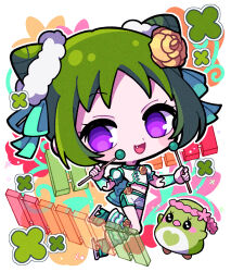 Rule 34 | 1girl, :d, bird, blue footwear, chibi, chinese clothes, clover, commentary request, cone hair bun, double bun, fang, flower, four-leaf clover, full body, green hair, hair bun, hair flower, hair ornament, hair ribbon, hair scrunchie, highres, instrument, kohinata kanoo, looking at viewer, mallet (instrument), morizono wakana, open mouth, pretty rhythm, pretty rhythm rainbow live, pretty series, purple eyes, ribbon, rose, scrunchie, shirt, short hair, shorts, smile, solo, standing, white shirt, white shorts, wrist cuffs, xylophone, yellow flower, yellow rose