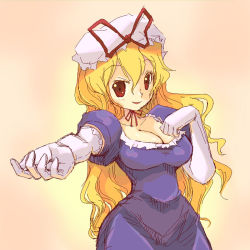 Rule 34 | 1girl, blonde hair, bow, breasts, cleavage, elbow gloves, female focus, gloves, hat, hat bow, large breasts, oekaki, outstretched arm, outstretched hand, raina, red eyes, narrow waist, solo, touhou, wavy hair, white gloves, yakumo yukari