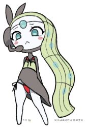Rule 34 | :&lt;, blush stickers, closed mouth, colored skin, commentary, creatures (company), dress, frown, full body, game freak, gen 5 pokemon, gigobyte350, green eyes, green hair, legendary pokemon, long hair, looking down, meloetta, meloetta (aria), mythical pokemon, nintendo, panties, pokemon, pokemon (creature), red panties, side-tie panties, solo, standing, underwear, white skin