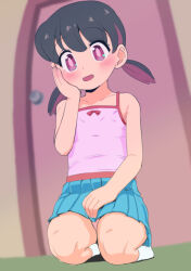Rule 34 | 1girl, :d, bare arms, bare shoulders, black hair, blue skirt, blurry, blurry background, blush, bow, bright pupils, camisole, collarbone, door, doraemon, flat chest, full body, hair between eyes, hand on lap, hand on own cheek, hand on own face, hand up, head tilt, highres, indoors, minamoto shizuka, multicolored hair, open mouth, panties, pantyshot, pink camisole, pink panties, pleated skirt, purple eyes, purple hair, red bow, seiza, short hair, short twintails, sitting, skirt, smile, socks, solo, takahashi note, twintails, underwear, white socks