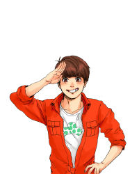 Rule 34 | 10s, 1boy, bad id, bad pixiv id, brown eyes, brown hair, hand on own hip, jumpsuit, male focus, matsuno osomatsu, orange jumpsuit, osomatsu-kun, osomatsu-san, pummy, salute, simple background, sleeves rolled up, smile, solo, swept bangs, unzipped, upper body, white background