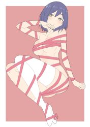 Rule 34 | 1girl, absurdres, arm at side, arm support, asymmetrical legwear, bad id, bad twitter id, blush, bob cut, border, bow, breasts, donguri suzume, full body, hair between eyes, hand up, highres, large breasts, legs together, looking at viewer, mole, mole under eye, naked ribbon, nijisanji, pink background, pink ribbon, purple hair, red ribbon, ribbon, shizuka rin, short hair, simple background, single sock, single thighhigh, sitting, socks, solo, thighhighs, uneven legwear, virtual youtuber, white border, white socks, yellow eyes