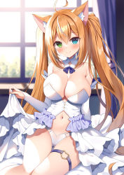 Rule 34 | 1girl, ahoge, animal ear fluff, animal ears, bare shoulders, blue eyes, blurry, blurry background, blush, breasts, bridal garter, brown hair, cat ears, cleavage, closed mouth, commentary request, curtains, depth of field, feet out of frame, green eyes, hair between eyes, heterochromia, indoors, large breasts, looking at viewer, mauve, multicolored hair, navel, original, smile, solo, streaked hair, twintails, white hair, window