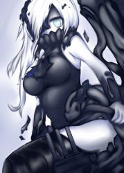 Rule 34 | 10s, 1girl, abyssal ship, black dress, blue eyes, boots, breasts, colored skin, covered mouth, dress, kantai collection, large breasts, looking at viewer, machinery, mask, ne-class heavy cruiser, ouno (nounai disintegration), short dress, short hair, solo, taut clothes, taut dress, thigh boots, thighhighs, white hair, white skin