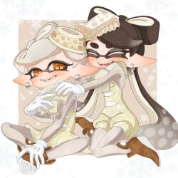 Rule 34 | + +, 2girls, black hair, blush, boots, brown footwear, callie (splatoon), cephalopod eyes, cousins, cross-shaped pupils, dress, earrings, fangs, gloves, grey hair, grey pantyhose, grin, hands on another&#039;s shoulders, highres, inkling, jewelry, lemo   32, long hair, long sleeves, marie (splatoon), multiple girls, nintendo, open mouth, orange hair, outside border, pantyhose, pointy ears, scarf, shoes, sitting, smile, snowflakes, splatoon (series), splatoon 3, squid girl, strapless, strapless dress, symbol-shaped pupils, teeth, tentacle hair, tentacles, twintails, white gloves
