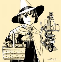 Rule 34 | 1girl, :|, basket, cape, closed mouth, dated, dress, halloween costume, hat, holding, holding basket, horikou, koguma (super cub), looking at viewer, medium hair, monochrome, motor vehicle, picnic basket, scooter, signature, simple background, solo, super cub, witch hat, yellow background, yellow theme