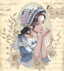 Rule 34 | 1girl, absurdres, black hair, blue bow, blue hat, bonnet, bow, bug, butterfly, closed mouth, collarbone, earrings, english text, flower, frills, hat, hat flower, highres, insect, jewelry, leaf, lips, lipstick, long hair, makeup, necklace, original, otto (otto52coffee), own hands together, parted bangs, pearl necklace, portrait, sheet music, sidelighting, solo, staff (music), upper body, victorian