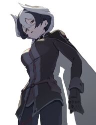 Rule 34 | 1girl, belt, black gloves, black hair, black jacket, black pants, breasts, cape, cowboy shot, gloves, hair between eyes, half-closed eyes, highres, jacket, long sleeves, looking at viewer, looking down, made in abyss, medium breasts, multicolored hair, ozen, pants, parted lips, pouch, short hair, sketch, solid eyes, solo, standing, two-tone hair, watou, white background, white hair