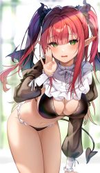 Rule 34 | 1girl, absurdres, arm at side, bikini, black bikini, black scrunchie, black sleeves, blurry, blurry background, blush, breasts, cleavage, cosplay, demon girl, demon tail, embarrassed, fang, frilled bikini, frills, green eyes, hair between eyes, hand up, highres, horns, kitagawa marin, large breasts, leaning forward, legs together, long sleeves, maid, maid bikini, open mouth, pointy ears, pruding, puffy long sleeves, puffy sleeves, red hair, rizu-kyun, scrunchie, see-through, see-through sleeves, shrug (clothing), sidelocks, solo, sono bisque doll wa koi wo suru, standing, sweatdrop, swimsuit, tail, thighs, two side up, unconventional maid, wings, wrist cuffs
