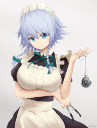 Rule 34 | 1girl, apron, arm under breasts, blue eyes, blue hair, braid, breasts, highres, izayoi sakuya, knife, large breasts, lilcat, looking at viewer, maid, maid apron, maid headdress, pocket watch, puffy sleeves, short hair, smile, solo, touhou, twin braids, watch