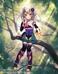 Rule 34 | 1girl, boots, cardfight!! vanguard, company name, eating, flower, food, freckles, grey hair, hair flower, hair ornament, horns, japanese clothes, leaf, long hair, official art, onigiri, purple eyes, sitting, sparkle, suguri (neroli), thighhighs, tree, twintails, voracious stealth rogue kosode