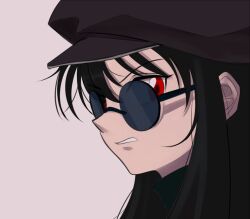 Rule 34 | 1other, androgynous, black hair, cabbie hat, hat, hiiragi 0404, hunter x hunter, kurapika, long hair, looking at viewer, portrait, red eyes, round eyewear, simple background, solo, sunglasses, turtleneck, upper body, white background, wig