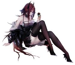 Rule 34 | 1girl, absurdres, arknights, bare shoulders, black dress, black footwear, black jacket, black thighhighs, blue eyes, breasts, burnt clothes, cleavage, closed mouth, collarbone, commentary request, detached collar, dress, food, full body, high heels, highres, holding, holding food, horns, ice cream, ice cream cone, jacket, knees up, large breasts, long hair, long sleeves, looking at viewer, migata, open clothes, open jacket, red hair, short dress, sitting, solo, surtr (arknights), thighhighs, v-shaped eyebrows, zettai ryouiki