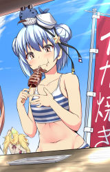Rule 34 | 1other, 2girls, bikini, blonde hair, blue hair, blue skirt, blush, brown eyes, brown hair, collarbone, commentary request, day, dixie cup hat, double bun, eating, food, food on face, gambier bay (kancolle), hair between eyes, hair bun, hat, holding, holding food, ikayaki, johnston (kancolle), kantai collection, little blue whale (kancolle), long hair, military hat, mizunoe kotaru, multiple girls, navel, samuel b. roberts (kancolle), short hair, skirt, smile, solo focus, striped bikini, striped clothes, sweatdrop, swimsuit, twintails, white headwear