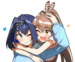 Rule 34 | 2girls, alternate costume, arms around neck, blue eyes, blue hair, blush, brown hair, casual, chain, chain headband, commentary request, ddolbang, eyebrows hidden by hair, feather hair ornament, feathers, hair intakes, hair ornament, hand on another&#039;s head, head chain, heart, highres, hololive, hololive english, hug, jewelry, korean commentary, long hair, long sleeves, looking at another, multiple girls, nanashi mumei, one eye closed, ouro kronii, ponytail, short hair, short sleeves, upper body, virtual youtuber, watch, white background, wristwatch, yuri