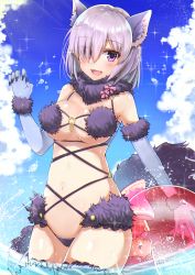 Rule 34 | 1girl, animal ears, ball, bare shoulders, beachball, blue sky, blush, bow, breasts, claws, cloud, cloudy sky, costume, day, detached collar, elbow gloves, eyes visible through hair, fang, fate/grand order, fate (series), fur-trimmed gloves, fur-trimmed legwear, fur collar, fur trim, gloves, hair over one eye, highres, hip focus, large breasts, looking at viewer, mash kyrielight, mash kyrielight (dangerous beast), navel, nayuhi (yukimuu14), o-ring, official alternate costume, open mouth, panties, pink bow, purple eyes, purple gloves, purple hair, purple panties, revealing clothes, short hair, sky, smile, solo, sparkle, tail, thighhighs, thighs, underwear, water, water drop, wet, wolf ears, wolf tail
