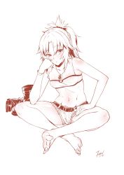 Rule 34 | 1girl, absurdres, bandeau, cutoffs, f.w.zholic, fate (series), feet, highres, jewelry, midriff, monochrome, mordred (fate), mordred (fate/apocrypha), mordred (memories at trifas) (fate), necklace, short shorts, shorts, solo