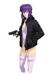 Rule 34 | 1girl, absurdres, female focus, fingerless gloves, ghost in the shell, ghost in the shell stand alone complex, gloves, gun, highleg, highleg leotard, highres, jacket, kusanagi motoko, leotard, lips, looking at viewer, official art, purple hair, red eyes, shiny skin, short hair, solo, standing, thighhighs, weapon, white background, wide hips
