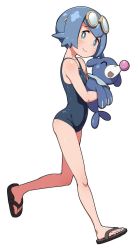 Rule 34 | 1girl, ^ ^, bare legs, bare shoulders, blue eyes, blue hair, blush, breasts, closed eyes, closed mouth, covered navel, creatures (company), feet, full body, game freak, gen 7 pokemon, goggles, goggles on head, hip focus, holding, lana (pokemon), legs, looking at viewer, nintendo, no socks, one-piece swimsuit, open mouth, pokemon, pokemon (anime), pokemon (creature), pokemon sm (anime), popplio, running, sandals, short hair, simple background, slippers, small breasts, smile, swimsuit, torathi, trial captain, white background