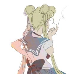 Rule 34 | 1990s (style), 1girl, bishoujo senshi sailor moon, blonde hair, bow, breasts, choker, cigarette, double bun, earrings, fingernails, from behind, hair bun, holding, holding cigarette, jewelry, long fingernails, long hair, long twintails, magical girl, pleated skirt, retro artstyle, sailor collar, sailor moon, school uniform, serafuku, short sleeves, simple background, skirt, small breasts, smoke, smoking, solo, twintails, upper body, white background