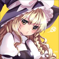 Rule 34 | 1girl, 8931ponzu, blonde hair, blush, bow, braid, hair bow, hat, hat bow, kirisame marisa, long hair, looking at viewer, puffy short sleeves, puffy sleeves, short sleeves, side braid, solo, squiggle, touhou, upper body, white bow, witch hat, yellow background, yellow eyes