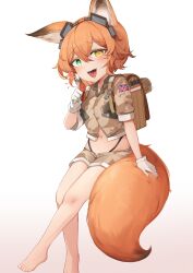 absurdres animal_ears backpack bag blush crime_prevention_buzzer crop_top daebom fox_ears fox_girl fox_tail gloves green_eyes hair_between_eyes heterochromia highres looking_at_viewer midriff orange_hair original short_shorts shorts tail union_jack white_gloves yellow_eyes