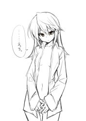 Rule 34 | 1girl, breasts, covering privates, covering crotch, guilty gear, guilty gear xrd, kaname nagi, long hair, monochrome, naked shirt, navel, open clothes, open shirt, orange eyes, ramlethal valentine, shirt, simple background, small breasts, solo, spot color, translated, white background