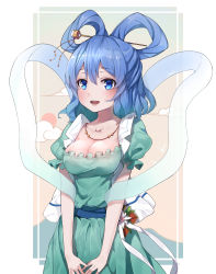 Rule 34 | 1girl, aqua dress, blue eyes, blue hair, blue sash, blush, border, breasts, cleavage, cloud, collarbone, commentary request, cowboy shot, dress, flower, hair between eyes, hair ornament, hair rings, hair stick, kaku seiga, looking at viewer, medium breasts, open mouth, outside border, puffy short sleeves, puffy sleeves, ribbon, sash, shawl, short hair, short sleeves, smile, snozaki, solo, standing, touhou, white border, white flower, white ribbon
