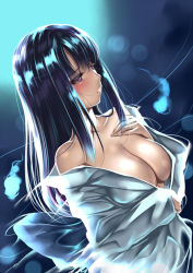 Rule 34 | 1girl, black hair, blush, breasts, cleavage, collarbone, hitodama, large breasts, long hair, open clothes, original, parted lips, purple eyes, saburou (hgmg), shiny skin, solo, tears, upper body