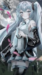 Rule 34 | 1girl, bad id, bad pixiv id, bare shoulders, belt, bird, black thighhighs, blue eyes, blue hair, clenched hand, closed mouth, cloud, collared shirt, crying, crying with eyes open, detached sleeves, frown, hair ornament, hatsune miku, holding, holding umbrella, lace trim, legs together, long hair, long sleeves, looking at viewer, looking down, makeup, miniskirt, nail polish, necktie, outdoors, petals, pleated skirt, runny makeup, shirt, shirubaa, skirt, sleeveless, solo, tears, thighhighs, transparent, transparent umbrella, twintails, umbrella, very long hair, vocaloid, zettai ryouiki