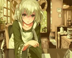 Rule 34 | 1girl, apron, barrel, book, chair, collarbone, green eyes, green hair, horns, leaning forward, letter, looking at viewer, matching hair/eyes, monorino, open mouth, original, photo (object), plant, quill, short hair, solo, upper body, window