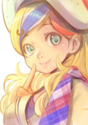 Rule 34 | 10s, 1girl, alternate eye color, aqua eyes, beret, blonde hair, blue hair, blush, commandant teste (kancolle), finger to face, hat, jj (ssspulse), kantai collection, lips, long hair, multicolored clothes, multicolored hair, multicolored scarf, plaid, plaid scarf, red hair, scarf, simple background, smile, solo, streaked hair, white background, white hair, white hat