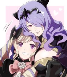 Rule 34 | 2girls, black bow, black gloves, blonde hair, border, bow, breast press, breasts, camilla (fire emblem), elise (fire emblem), fire emblem, fire emblem fates, gloves, grin, hair bow, hair over one eye, heart, large breasts, long hair, looking at viewer, multicolored hair, multiple girls, nintendo, outside border, pink background, purple eyes, purple gloves, purple hair, red eyes, rem (eyes 410), siblings, sisters, smile, streaked hair, twintails, upper body, white border